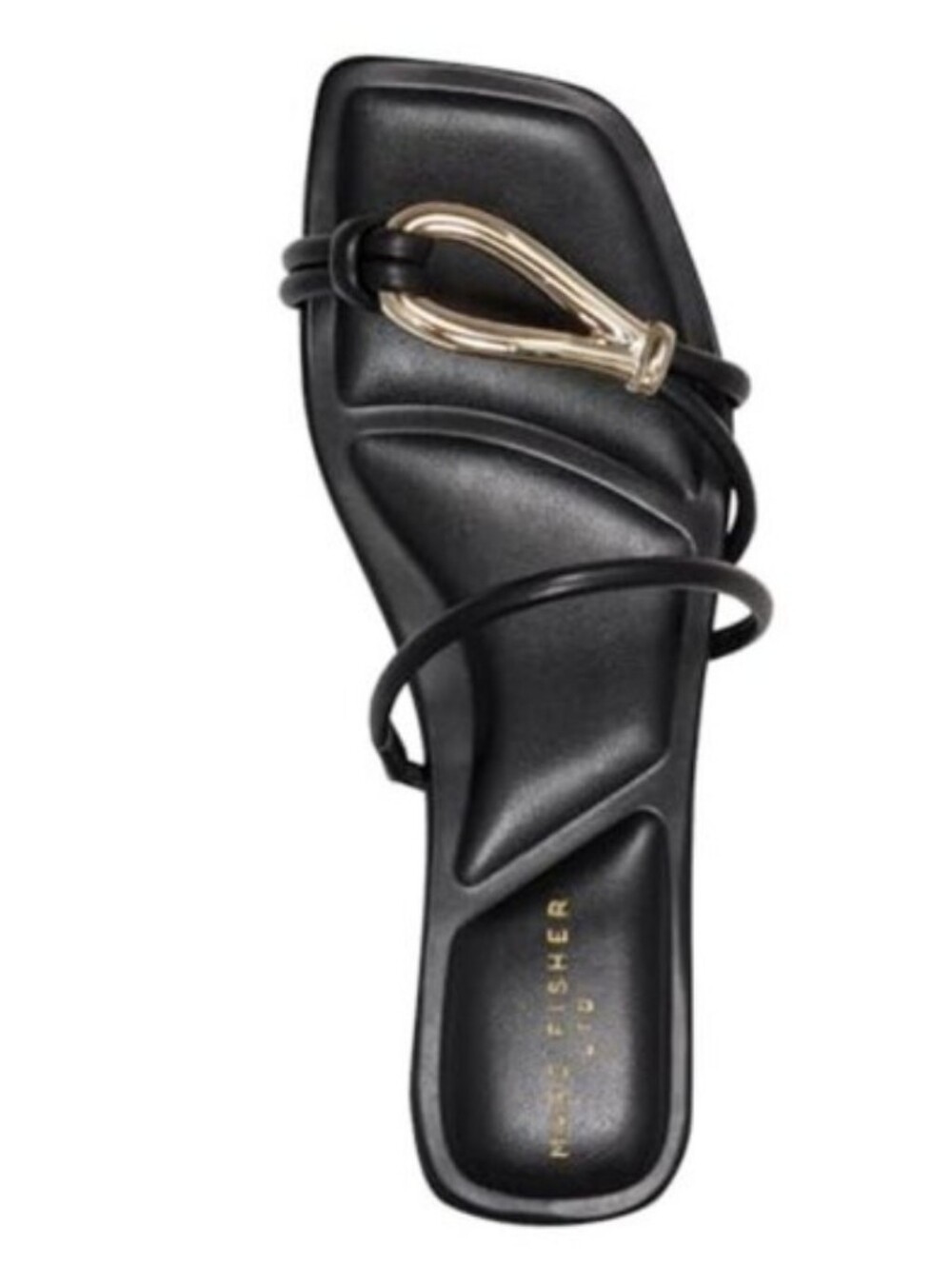 Marc Fisher Black Strappy Slide Sandal with Gold Knot Accent